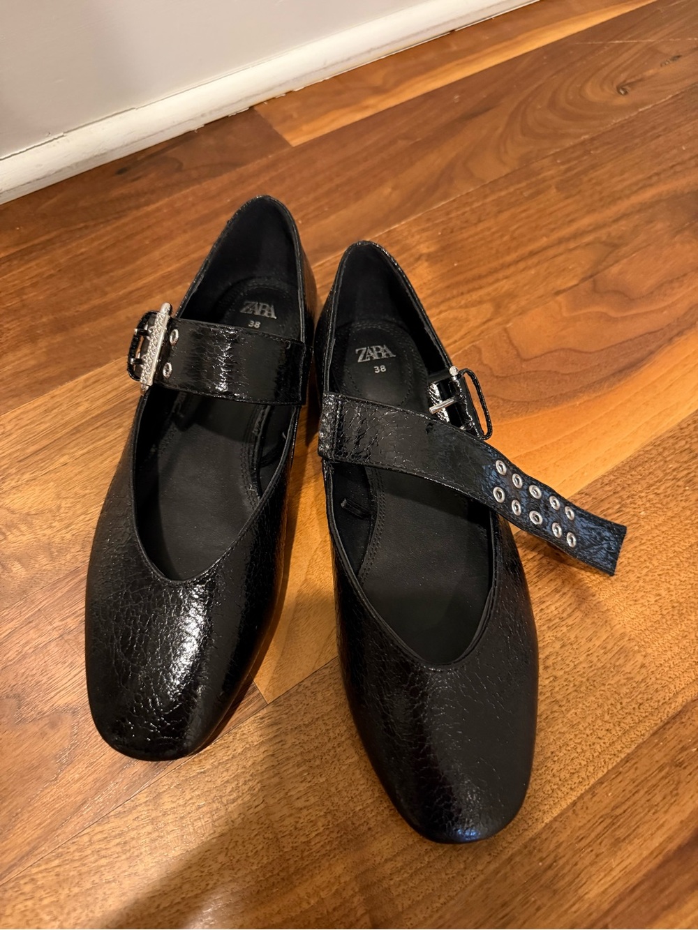 Zara Black Patent Mary Jane Flats Size 38